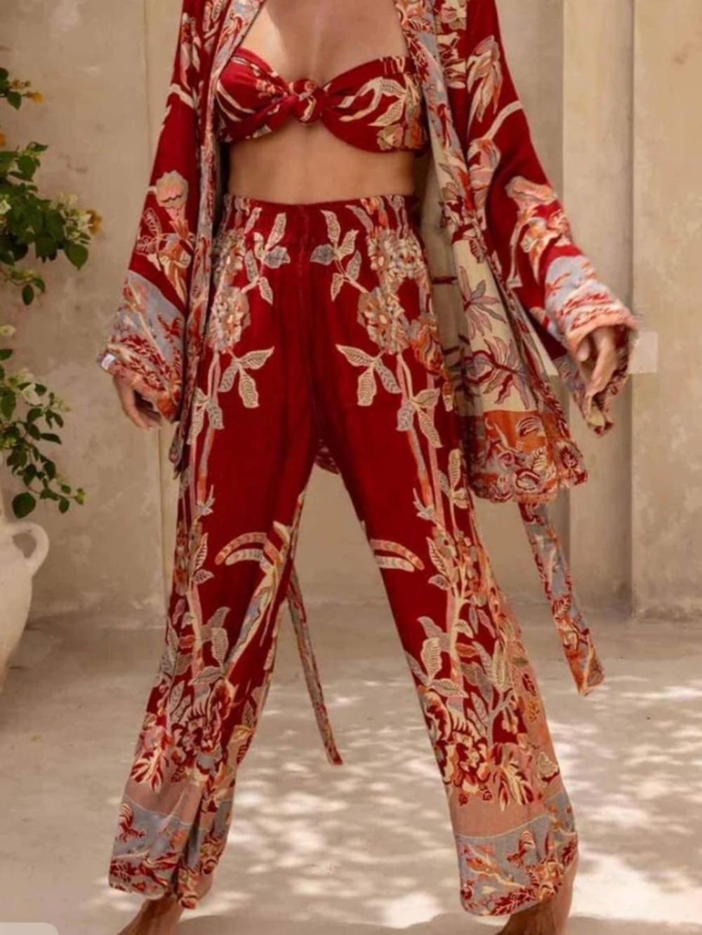 River of Roses Red Floral Wide-Leg Pants